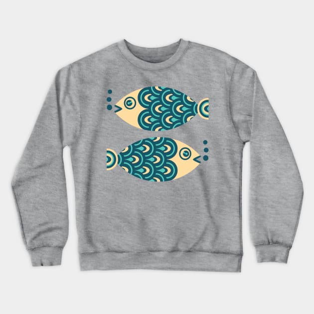 TWO FUN SWIMMING GEOMETRIC FISH Retro in Dark Blue, Turquoise and Cream - UnBlink Studio by Jackie Tahara Crewneck Sweatshirt by UnBlink Studio by Jackie Tahara